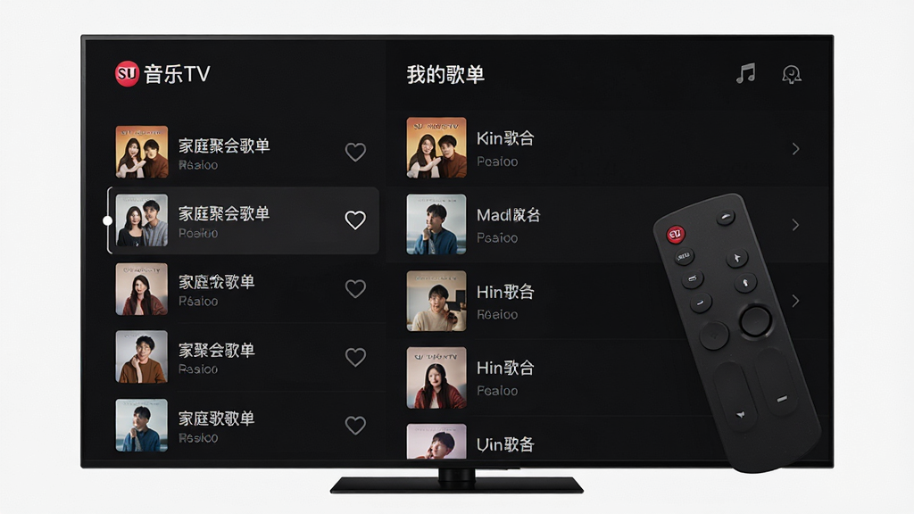 主体是SU音乐TV的“我的歌单”界面,屏幕左侧显示歌单列表,右侧显示歌单内歌曲条目,每条歌曲前有封面缩略图;布局为左右分栏、电视屏幕居中;排版为列表式布局;风格为简洁暗色主题UI;细节包括歌单名称“家庭聚会歌单”、收藏心形图标、遥控器焦点在第一条歌曲上;画质为高清、干净、无多余元素