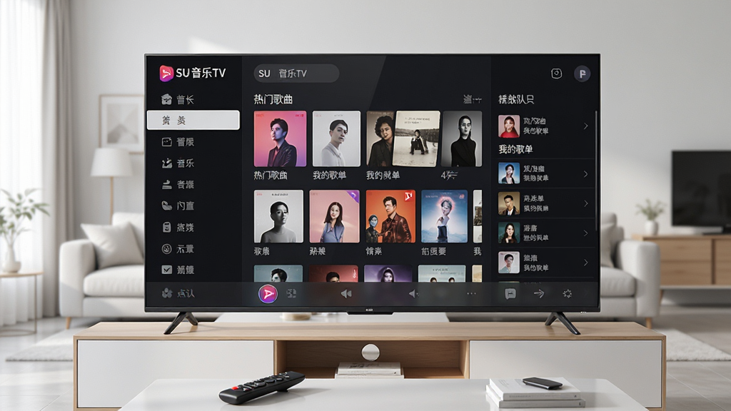 主体是一台放在客厅电视柜上的大屏智能电视,屏幕中显示SU音乐TV的横屏音乐点播界面,左侧为歌曲分类导航,中间为专辑封面墙,右侧为播放队列;布局为正面视角、电视居中、背景是简洁明亮的现代客厅;排版突出电视屏幕内容,界面元素清晰;风格为写实产品展示风,光线柔和;细节包括遥控器放在茶几上、屏幕反光自然、界面中文字为“SU音乐TV”“热门歌曲”“我的歌单”;画质为4K高清、干净、无多余元素