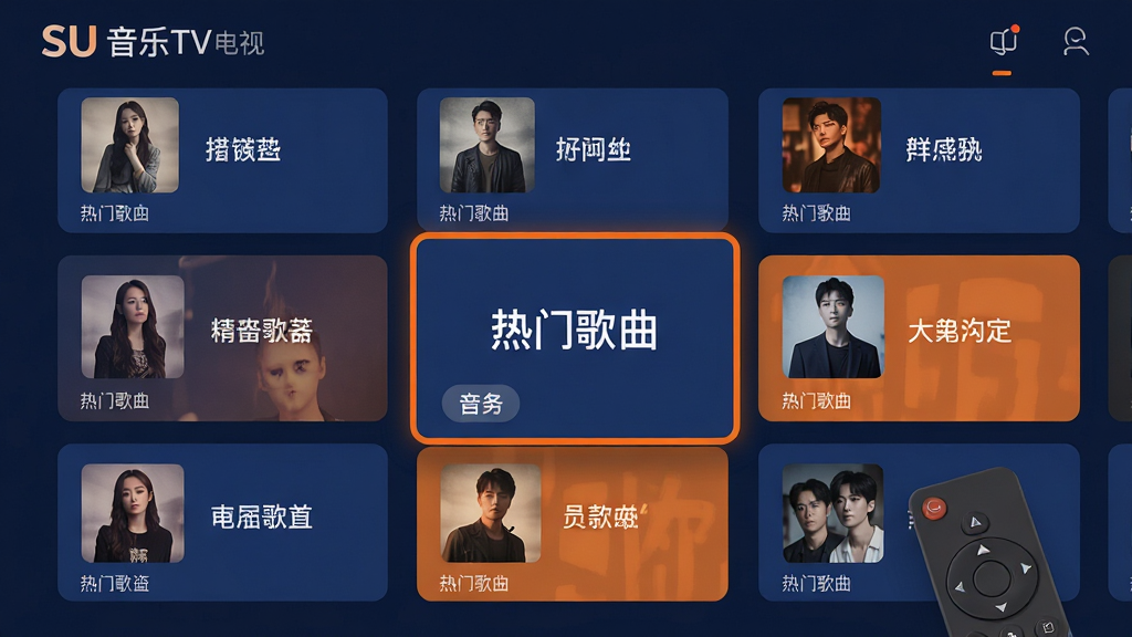 主体是SU音乐TV电视端首页界面特写,屏幕中横向排列多个音乐分类卡片,焦点框高亮在“热门歌曲”卡片上;布局为屏幕正面平视、卡片整齐排列;排版为三行卡片网格;风格为扁平化UI展示风,配色以深蓝与橙色点缀;细节包括遥控器方向键图标示意、焦点高亮描边、卡片内显示歌曲封面与歌名;画质为高清、干净、无多余元素