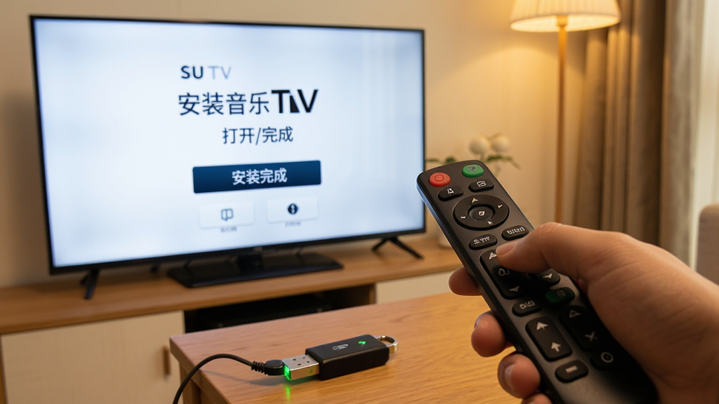 主体是一只手拿着遥控器对准电视,电视屏幕上显示SU音乐TV的安装完成界面,旁边茶几上放着一个U盘;布局为侧后方视角、电视与手部同框;排版突出遥控器与电视屏幕的互动关系;风格为生活场景写实风,光线温暖;细节包括电视屏幕显示“安装完成 打开/完成”按钮、U盘指示灯亮起、遥控器按键清晰;画质为高清、干净、无多余元素