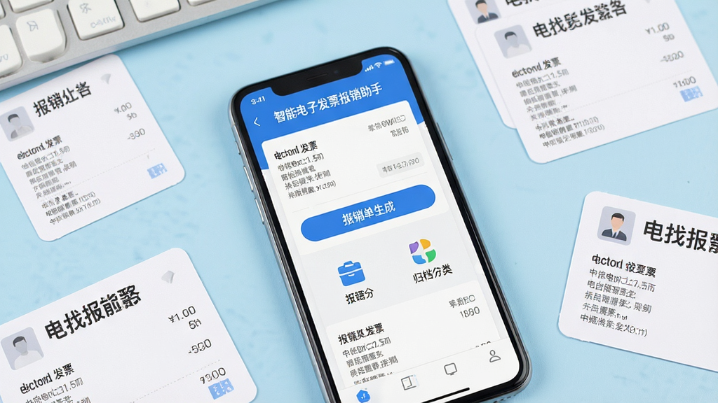 一张展示智能手机屏幕的图片,屏幕中央显示“智能电子发票报销助手”应用界面,界面中包含发票列表、报销单生成按钮和归档分类图标,手机周围散落着几张电子发票样式的卡片,背景为简洁的浅蓝色办公桌面,风格清新商务,细节清晰,画质干净,无多余元素