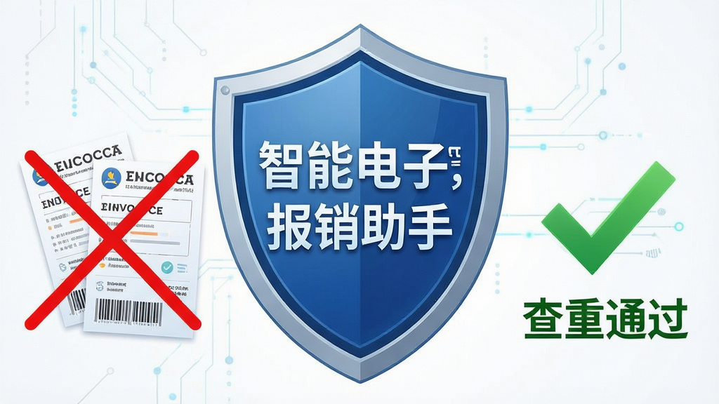 一张信息图风格的图片,中心为“智能电子发票报销助手”的盾牌图标,盾牌左侧显示两张相同发票被红色斜线标记,右侧显示绿色对勾与“查重通过”字样,布局对称,风格简洁科技感,细节清晰,画质干净,无多余元素