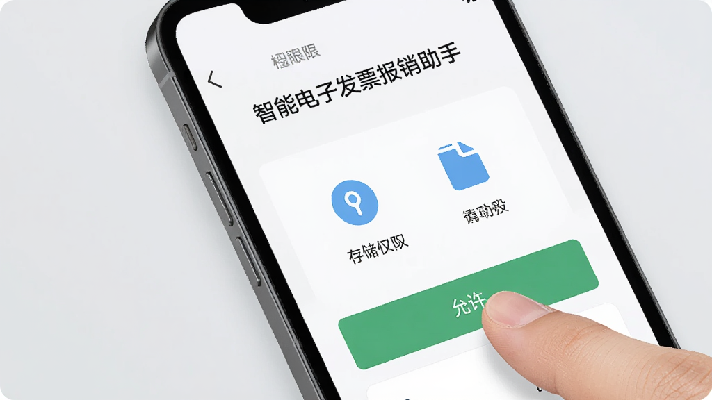 一部手机屏幕显示“智能电子发票报销助手”的权限设置页面,旁边有手指点击“允许”按钮的动作,背景为浅灰色,画面中包含存储权限与文件读取图标,风格写实简洁,细节清晰,画质干净,无多余元素