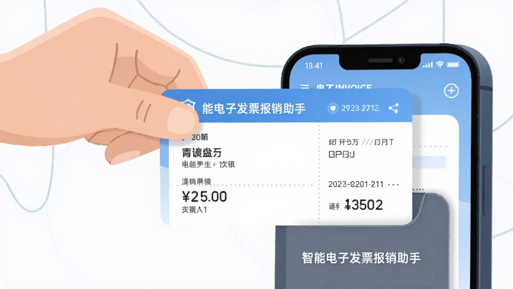 画面主体为一只手将一张电子发票卡片放入手机屏幕中的收纳盒,收纳盒上标有“智能电子发票报销助手”字样,布局为左侧发票卡片、右侧手机界面,风格扁平化插画,细节表现发票上的金额与日期字段,画质清晰,背景干净,无多余元素