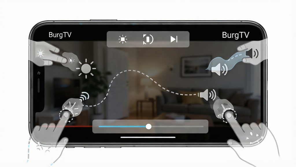 一张展示 BurgTV 播放界面手势操作的示意图,画面主体是手机横屏播放画面,屏幕上叠加显示亮度、音量、进度条的手势滑动轨迹图标,角落标注