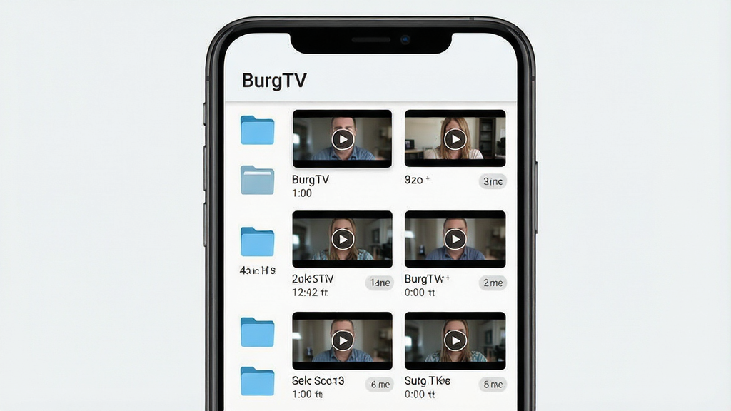 一张展示 BurgTV 本地视频管理功能的界面图,画面主体是手机屏幕显示文件夹列表与视频文件缩略图,顶部标题栏包含