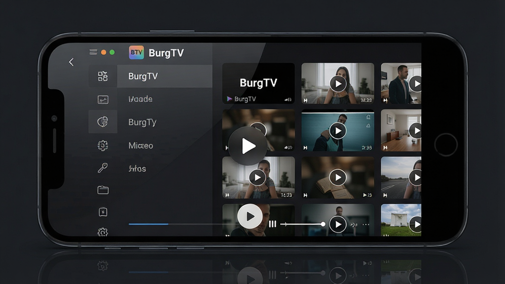 一张展示 BurgTV 软件主界面的产品宣传图,画面中央是深色背景的智能手机屏幕,屏幕上显示 BurgTV 视频播放列表界面,左侧为分类导航栏,右侧为视频缩略图网格,界面文字包含