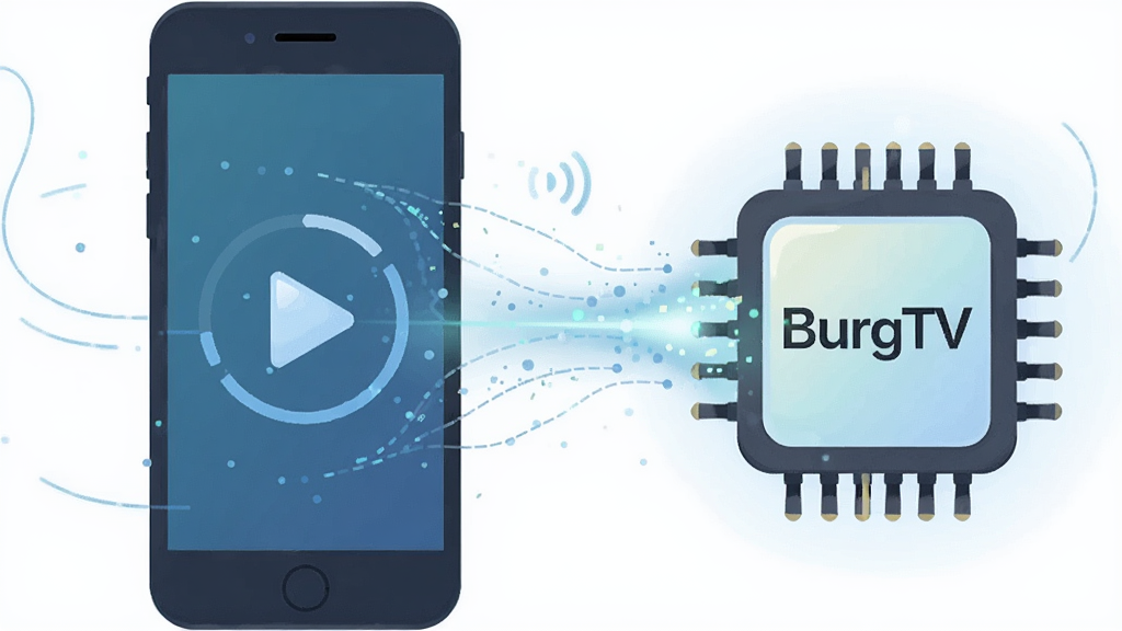 一张表现 BurgTV 轻量播放引擎概念的插画,画面主体是一部手机与一颗发光的芯片图标相连,芯片上标注