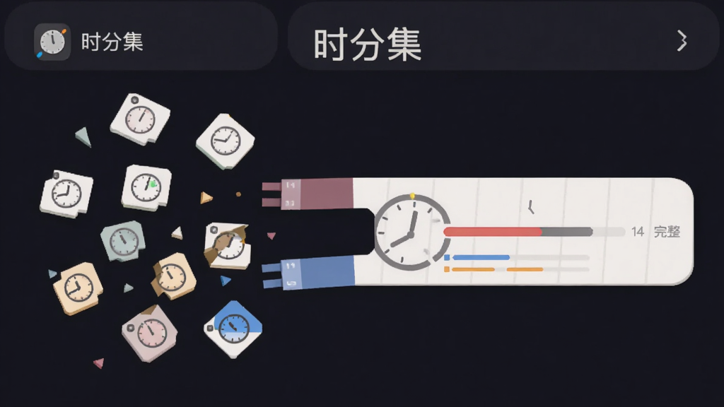 一幅表现时间碎片整合概念的插画,画面主体为“时分集”应用界面中零散的时间块被磁铁吸引聚合成完整时间条,布局为左侧散落小块、右侧整齐排列,风格为清新扁平化矢量图,细节包含时钟图标和进度条,画质清晰,背景干净,无多余装饰