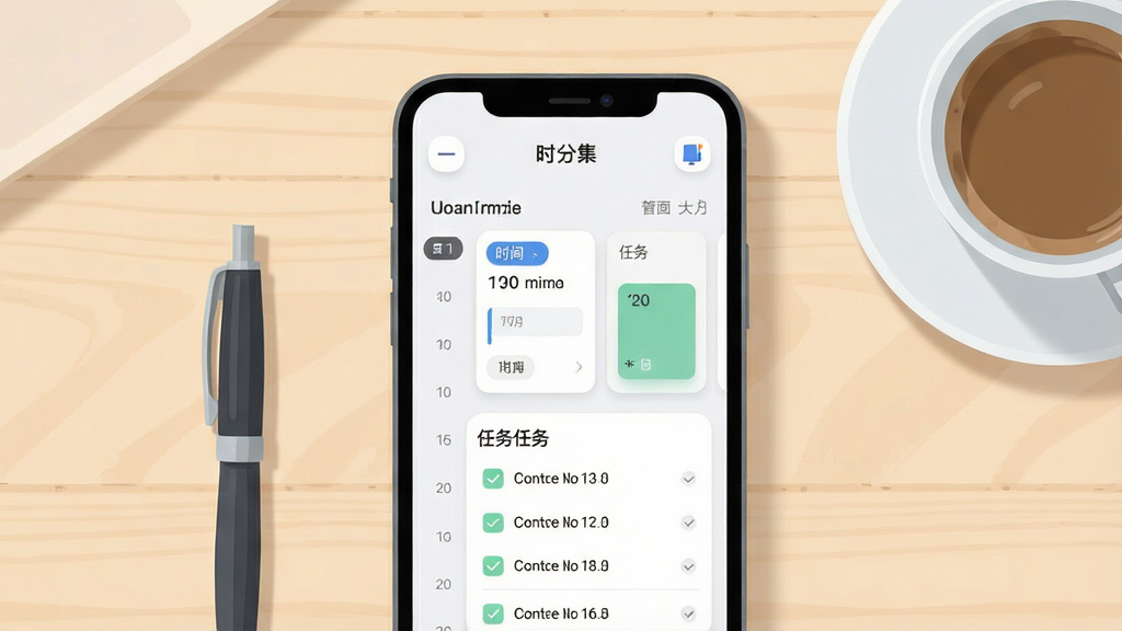 一张展示手机时间管理应用界面的场景图,画面中央是一部竖屏智能手机,屏幕内显示“时分集”应用主界面,包含时间轴日程卡片和任务勾选列表,背景为浅色木质桌面,旁边放着一支笔和一杯咖啡,整体布局简洁清晰,风格为现代扁平化插画,细节包括柔和阴影和圆角图标,画质高清,画面干净,无多余元素