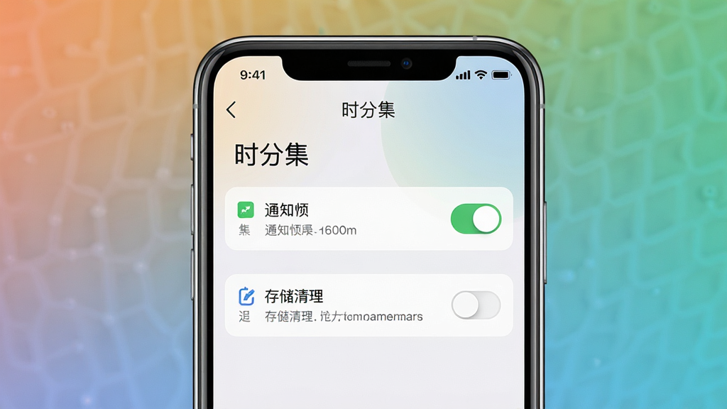 一张手机屏幕特写图,画面中显示“时分集”应用的设置页面,包含通知权限开关和存储清理选项,布局为居中展示手机边框,风格为写实产品截图风格,细节清晰可见图标和文字,画质锐利,背景为纯色渐变,无杂乱元素