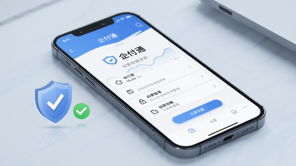 画面为一部手机屏幕显示“企付通”设置页面,旁边配有盾牌图标与对勾标记,背景为浅蓝灰色调,风格简洁商务,突出安全设置与权限管理主题,画质高清,布局干净