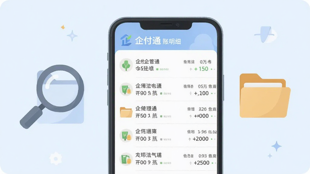 画面展示“企付通”账单明细页面,手机界面内列出多条交易记录,旁边配有放大镜与文件夹图标,整体为浅色系扁平插画风格,布局条理清晰,画质干净高清,无多余装饰
