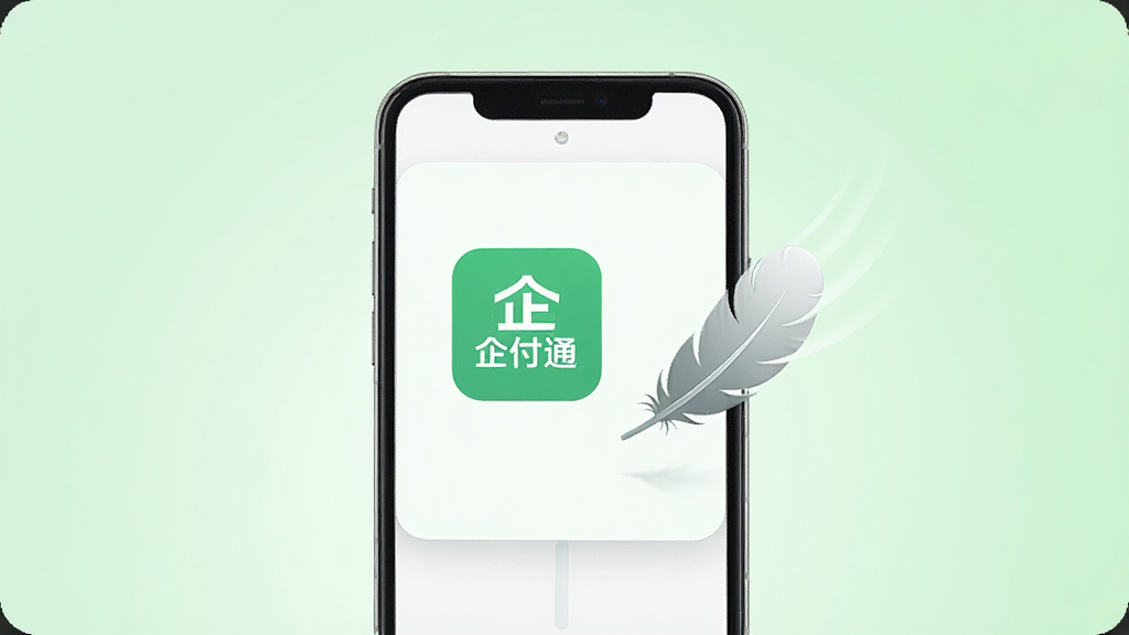 画面中央为一部手机与一个轻飘飘的羽毛图标并排,手机屏幕显示“企付通”图标,背景为浅绿色渐变,风格清新简约,突出轻量小巧的视觉感受,画质高清,布局干净无冗余元素