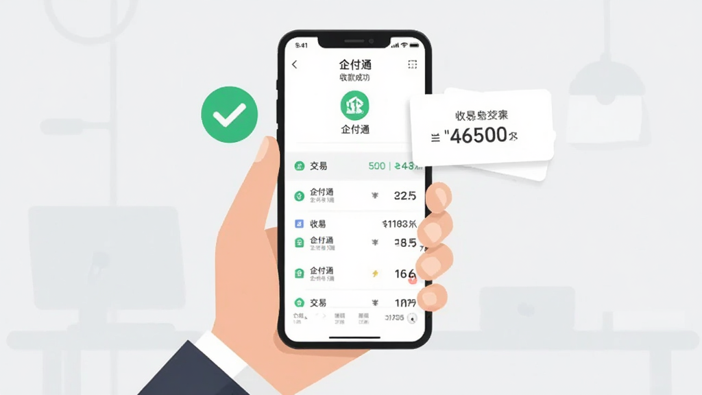 画面主体为一只手持手机的手,手机屏幕显示“企付通”收款成功页面与交易流水列表,旁边悬浮着对勾图标和金额数字卡片,背景为干净的浅灰色商务风格,布局简洁居中,扁平化插画质感,画质清晰,无杂乱元素