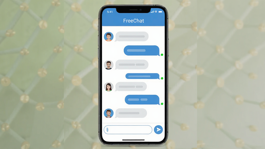 һ��չʾFreeChatӦ����������ֻ���ĻЧ��ͼ�����������Ǽ��������б�ҳ�棬������Ӧ�����ơ�FreeChat���������ײ�Ϊ������뷢�Ͱ�ť���������ǳɫ��ƽ����Ʒ����ɫ������Ϊ����ϸ�ڰ���Բ��ͷ����Ϣ���ݺ�����״̬СԲ�㣬���������ɾ����޶���װ��Ԫ��