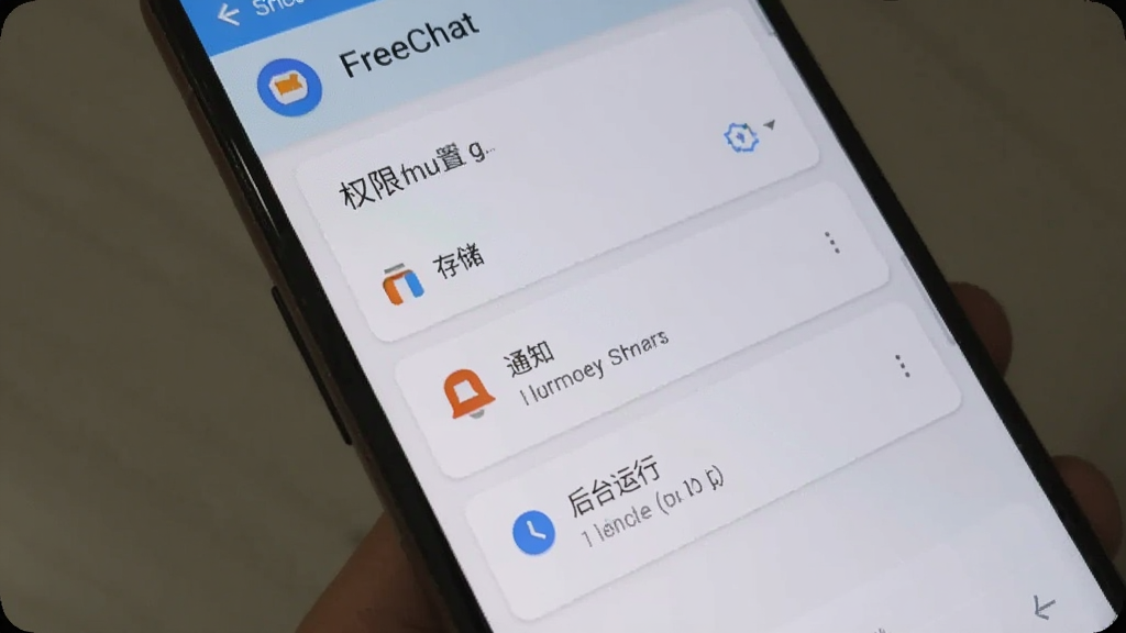 һ����׿�ֻ���ĻչʾFreeChat����ҳ���е�Ȩ�޹����뻺������ѡ��������С��洢����֪ͨ������̨���С�����Ŀ������Ϊǳɫ��Ƭʽ���֣���ɫ��ͣ�Ӧ��ͼ��λ�����Ͻǣ�������ɾ�ʵ�ã���������