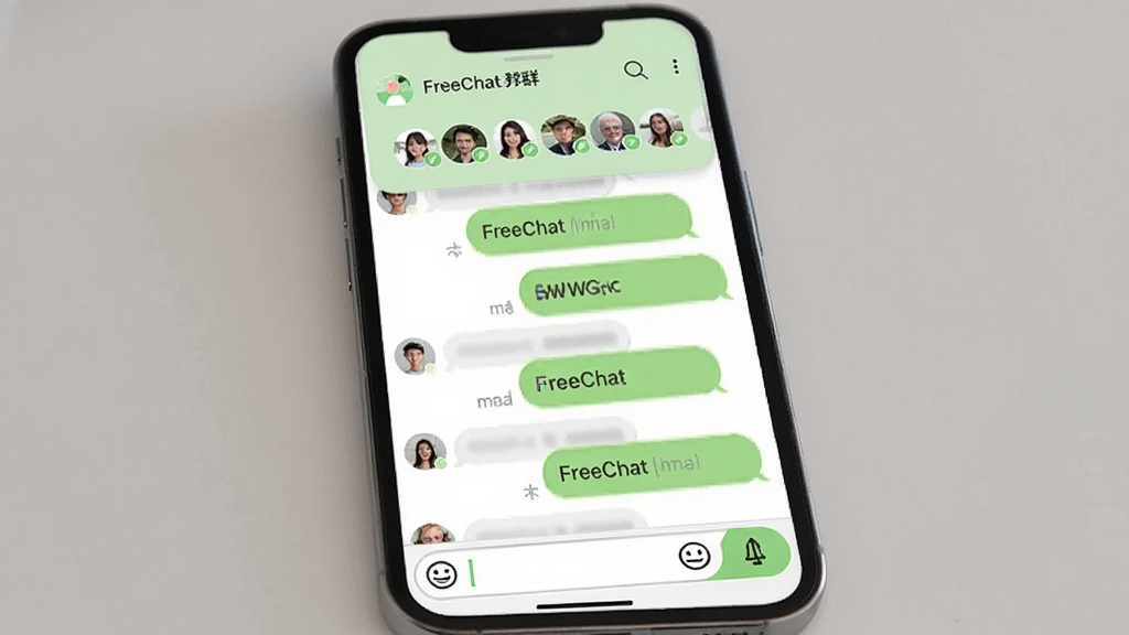 һ���ֻ�չʾFreeChatȺ������ҳ�棬��Ļ�Ϸ���ʾȺ���ƺͳ�Աͷ����ţ��м�Ϊ����Ⱥ��Ϣ���ݣ��ײ����������б���͸���ͼ�꣬�������Բ�ǿ�Ƭʽ���֣���ɫ����ǳ�����ɫ���䣬���ʸɾ�����