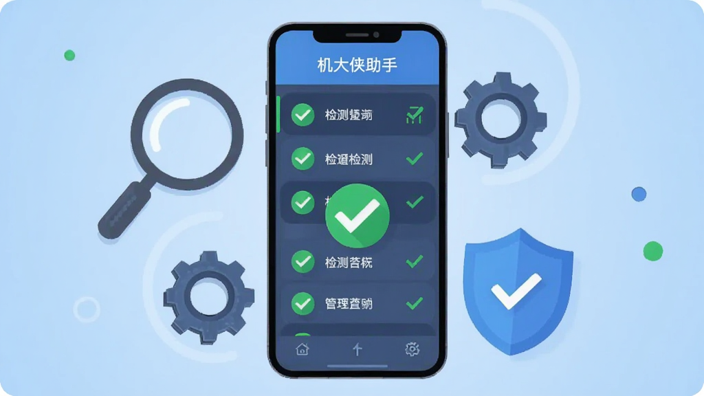 画面中央放置一部智能手机,手机屏幕上显示检测列表与绿色通过标识,手机周围环绕放大镜、齿轮、盾牌等检测元素,背景为浅蓝色渐变,整体采用扁平化科技插画风格,细节干净利落,画质清晰,无多余元素,画面中可出现文字“机大侠助手”