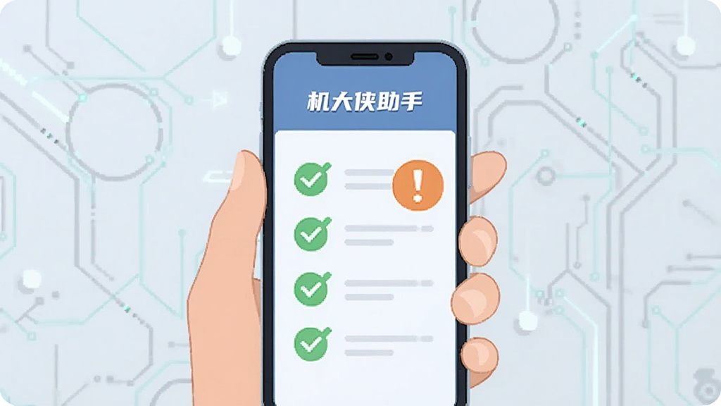 一只手拿着手机,手机屏幕显示验机报告页面,页面上有多个绿色对勾与一个橙色感叹号,背景为浅色科技线条纹理,扁平化插画风格,构图简洁,画质清晰,画面中可出现文字“机大侠助手”