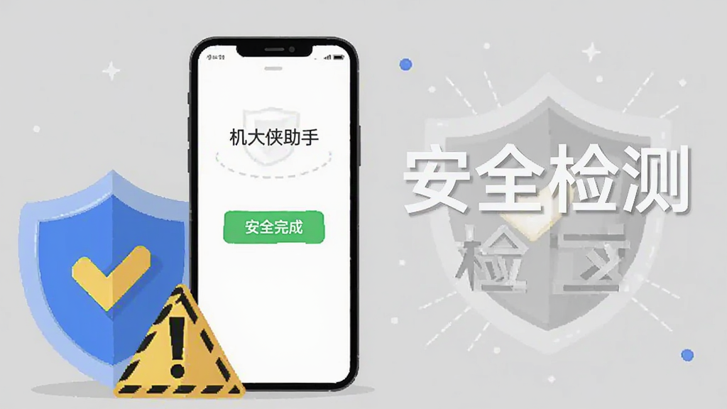 一部手机屏幕显示检测完成页面,旁边放置盾牌与警示标志,背景为浅灰色,画面中有文字“机大侠助手”与“安全检测”,扁平化插画风格,构图干净,画质清晰