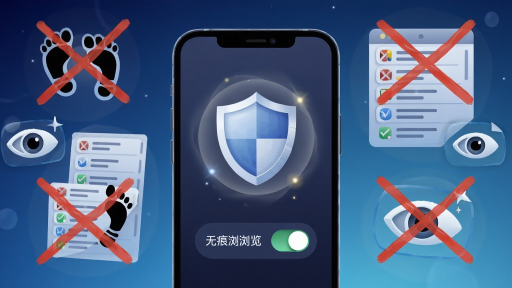 画面中央一部手机屏幕显示盾牌图标与无痕浏览开关界面,盾牌散发柔和光晕,周围漂浮着被划掉的脚印、历史记录列表与眼睛图标,象征隐私不被追踪,布局居中对称,风格安全科技感插画,细节处光晕与图标质感细腻,画质高清,背景为深蓝到浅蓝渐变,干净整洁