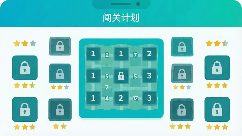 一张展示闯关计划软件主界面的手机屏幕截图,画面中央是带有数字编号的关卡地图,周围环绕着锁定的关卡图标与星级评分标记,顶部显示软件名称“闯关计划”字样,整体采用明亮的蓝绿色调,界面干净整洁,扁平化设计风格,画质清晰,无多余元素
