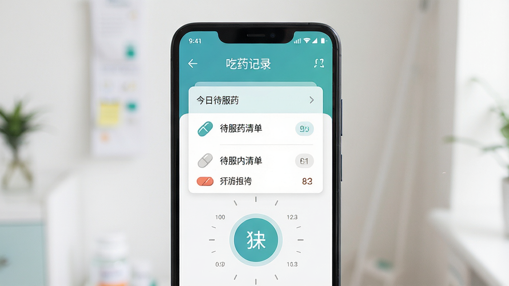 主体为一部竖屏安卓手机,屏幕中央显示“吃药记录”应用主界面,布局包含今日待服药清单卡片与圆形打卡按钮,排版简洁清晰,风格为清爽扁平化医疗风,细节加入药丸图标与时间刻度元素,画质高清,画面干净,无多余元素