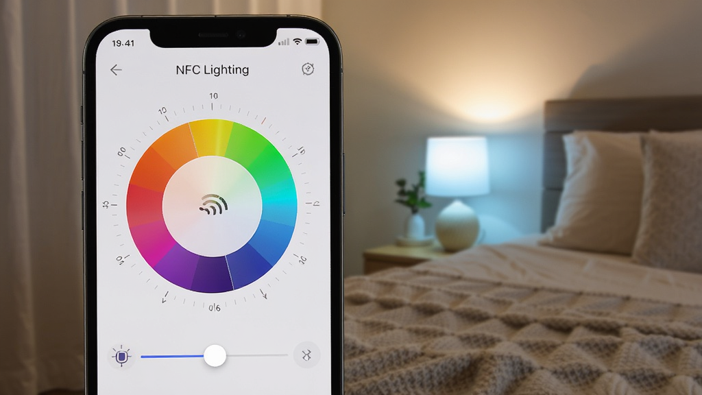�ֻ���Ļ��дչʾNFC LightingӦ�õ�ɫ�µ��ڽ��棬����������Բ��ɫ�̺����Ȼ��ˣ������黯��ʾһ�䲼����ܰ�����ң���ͷ�������ŵ��ڷ�����ů����Ľ���⣬����Ϊ�ֻ�����ƫ�󡢱����Ҳ��黯�����ΪUIչʾ�磬ϸ�ڰ�����Ļ�ϵĿ̶���ֵ��ɫ�̱�Ե�Ľ�����ɡ������еĴ�Ʒ��������������������ɾ�