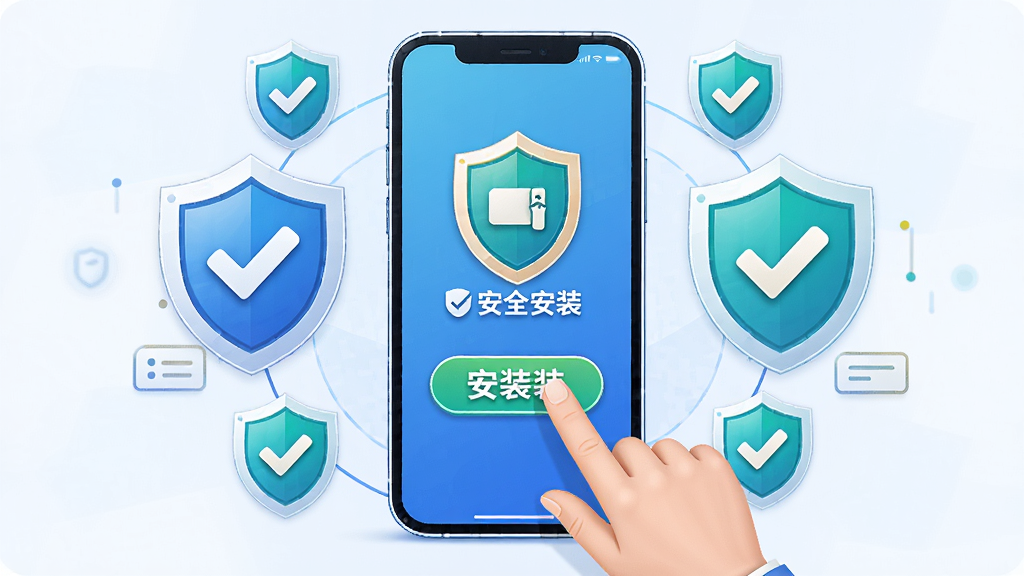 һ��AI��ͼ������������һ���ֻ���һֻ�����ڵ����Ļ�ϵİ�װ��ť������Ϊ�ֻ����С���Χ�ж��ƺ͹�ѡͼ�껷�ƣ��Ű�Գ����أ����Ϊ��ȫ��������廭��ϸ�ڰ�������ȫ��װ�������ı�ǩ����������������ɾ����޶���Ԫ��