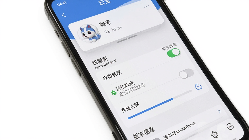 主体为手机屏幕展示“云宝”应用设置页面,布局为上方账号信息卡片、中部权限管理列表与缓存清理入口、底部版本信息栏,排版简洁有序,风格为现代移动端设置界面风,细节包含通知开关、定位权限状态标识与存储占用进度条,画质清晰,画面干净,无多余元素,背景为纯白底色