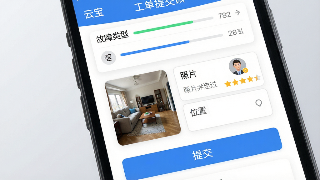 主体为手机屏幕特写,显示“云宝”物业报修工单提交页面,布局为上方故障类型选择区、中部照片上传框与位置填写栏、底部提交按钮,排版层次分明,风格为清爽移动端UI设计风,细节包含工单进度条、维修人员头像与评价星级图标,画质高清,画面干净,无多余元素,背景为浅灰渐变