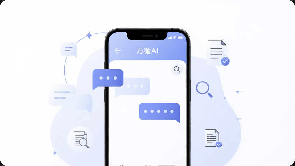 画面主体为一部竖屏智能手机,屏幕中央显示简洁的智能对话界面,界面顶部有