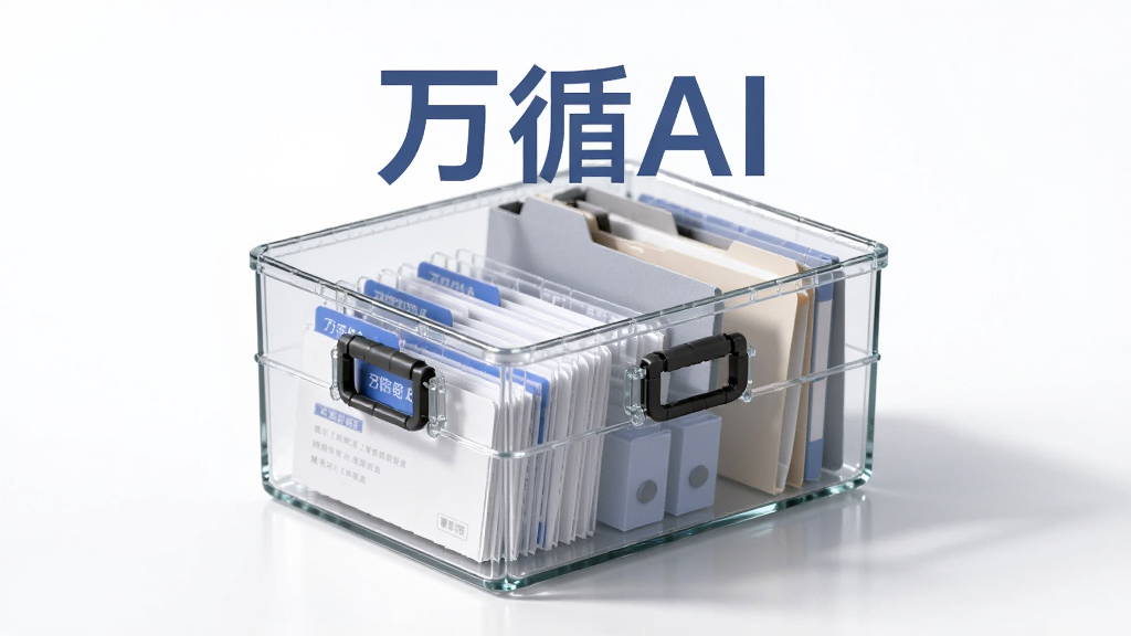 画面主体为一个透明玻璃质感的整理箱,箱内整齐排列着标签卡片与文件夹,箱体上方悬浮