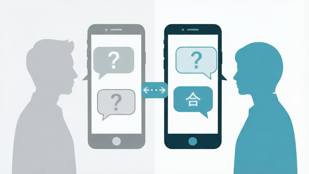 画面主体为两个人物剪影隔着手机屏幕对话,屏幕内浮现问号与答案气泡,布局为左右分栏、中间以手机连接,排版对称均衡,风格为简约商务插画,细节包括浅灰与湖蓝配色、细描边气泡、简洁人物轮廓,画质清晰、干净、无多余元素