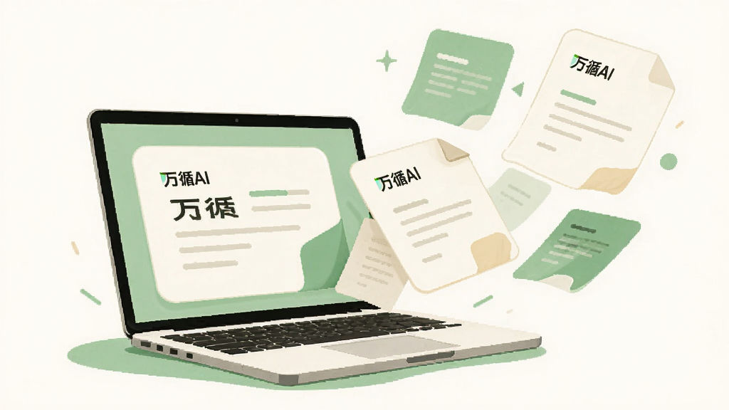 画面主体为一台打开的笔记本电脑与漂浮的文档纸张,纸张上显示