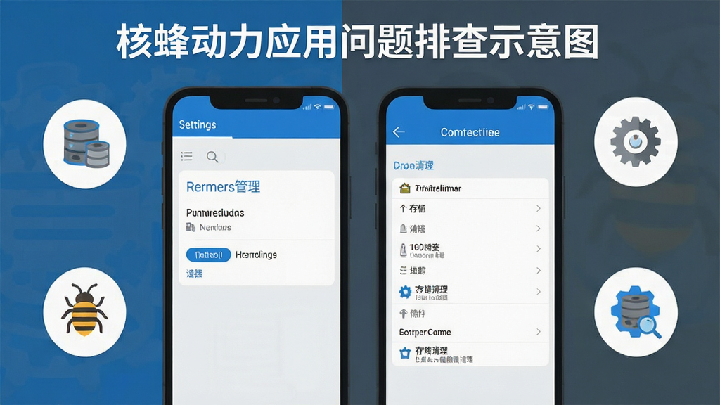 一张核蜂动力应用问题排查示意图,画面为手机屏幕与设置菜单的合,屏幕中显示权限管理与存储清理界面,旁边配有简洁的图标元素,风格扁平化,色调以蓝白灰为主,布局清晰,画质干净,无多余装饰