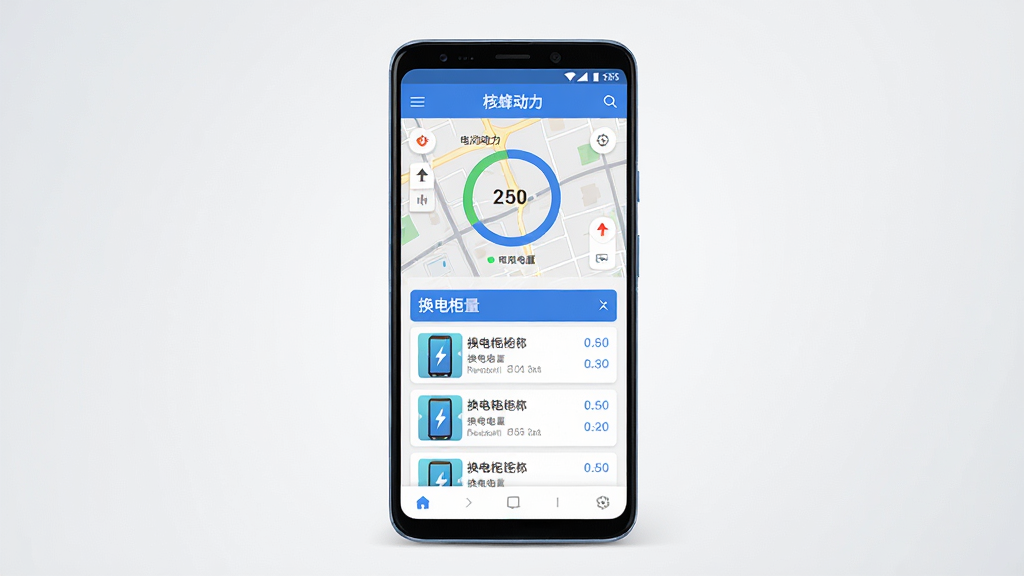 一张手机应用界面展示图,画面中央是一部竖屏安卓手机,屏幕内呈现核蜂动力应用主界面,包含地图定位、电池电量圆环、换电柜列表等模块,界面以蓝色和白色为主色调,整体布局清晰,风格现代简洁,背景为干净的浅灰色渐变,画质清晰,细节丰富,无多余元素