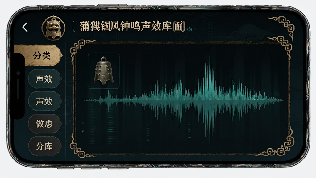 蒲牢铭声国风钟鸣声效库界面,主体为手机展示声效列表,布局左侧为分类标签右侧为波形图,排版清晰规整,风格为国风科技感,细节包含青铜钟图标、声波频谱、古风边框,画质高清干净无多余元素