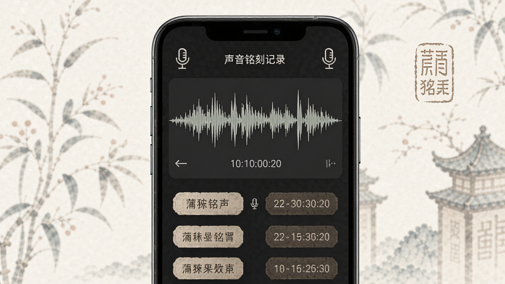 蒲牢铭声声音铭刻记录页面,主体为手机屏幕显示录音波形与时间铭文标签,布局上下分层上方波形下方标签列表,排版简洁,风格为素雅国风,细节包含麦克风图标、时间戳、篆刻纹理,画质高清干净无多余元素