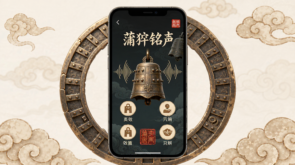 蒲牢铭声应用主界面展示,主体为手机屏幕中的古风声效应用界面,布局上屏幕居中,周围点缀祥云与钟纹元素,排版采用上下结构上方为应用名称下方为功能入口,风格为国风简约数字艺术,细节包含青铜钟、声波纹、篆刻印章,画质高清干净无多余元素