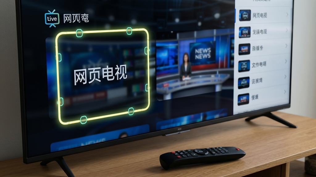 画面为一台智能电视的近距离特写,屏幕上“网页电视”播放界面中一个频道卡片被高亮焦点框选中,焦点框为亮色描边,电视下方茶几上放着遥控器,画面右侧有淡入的频道列表侧栏,布局为斜侧视角,风格为科技感家居场景,细节包含焦点框发光效果、屏幕中播放画面为新闻演播室、遥控器按键清晰,画质高清,干净无多余元素