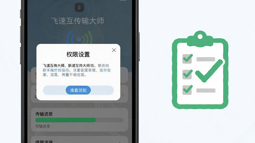 飞速互传大师新手操作指引界面,画面以手机屏幕为主体,屏幕上显示权限设置弹窗和传输进度条,旁边配有打勾的清单图标,布局清晰直观,风格扁平化说明图,浅色背景,细节干净,画质清晰