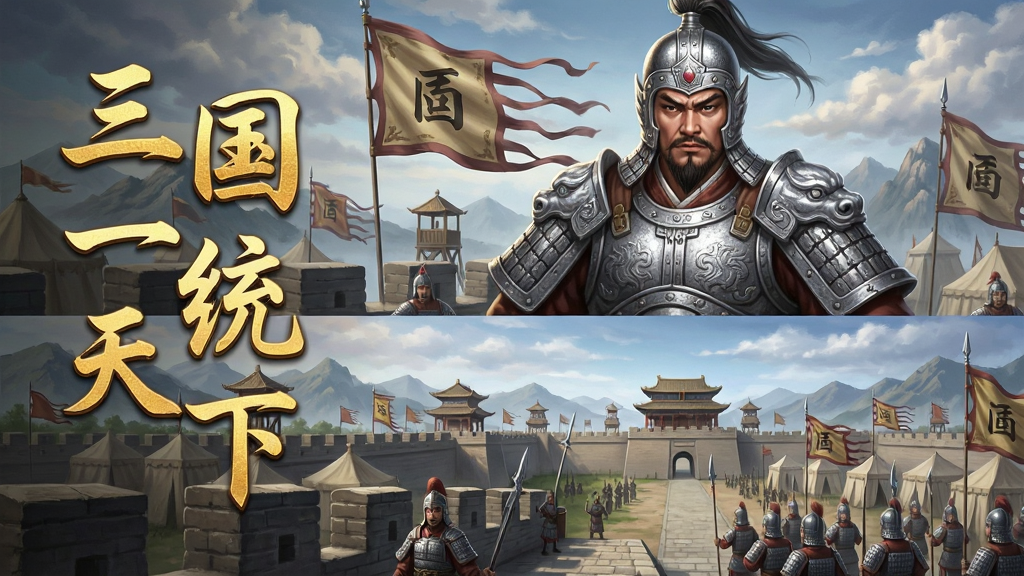 一张以三国一统天下为主题的手机游戏宣传图,画面主体为一位身披银甲的三国武将立于城楼之上,身后是连绵的军营与飘扬的旗帜,画面左侧竖排书写“三国一统天下”五个金色大字,布局采用竖版手机屏幕比例,上半部分为武将特写,下半部分为城池与士兵阵列,风格为中国风写实CG插画,细节包含铠甲纹理、旗帜褶皱、远处山峦与云霞,画质高清,画面干净,无多余元素