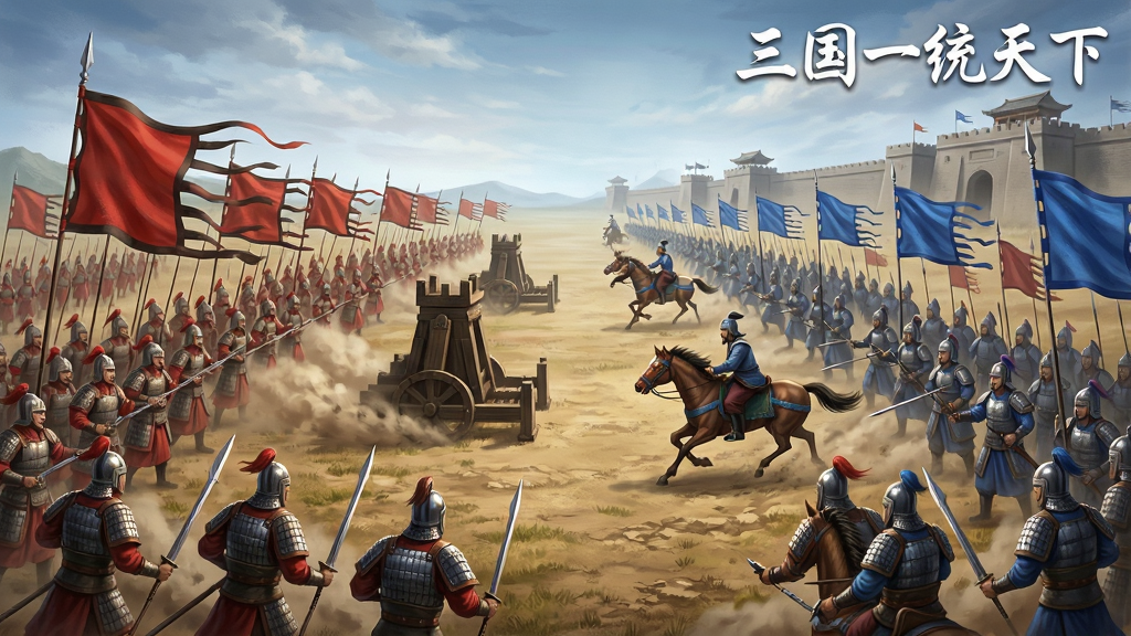 一张以三国一统天下国战场景为主题的AI生图,画面主体为广阔平原上两支军队对峙,左侧为红色旗帜方阵,右侧为蓝色旗帜方阵,中间有攻城器械与骑兵冲锋,画面右上角用白色字体写“三国一统天下”小字标识,布局为横版宽幅构图,风格为古代战争题材CG插画,细节包含士兵盔甲反光、尘土飞扬、战旗猎猎、远处城墙轮廓,画质精细,画面干净,无多余元素