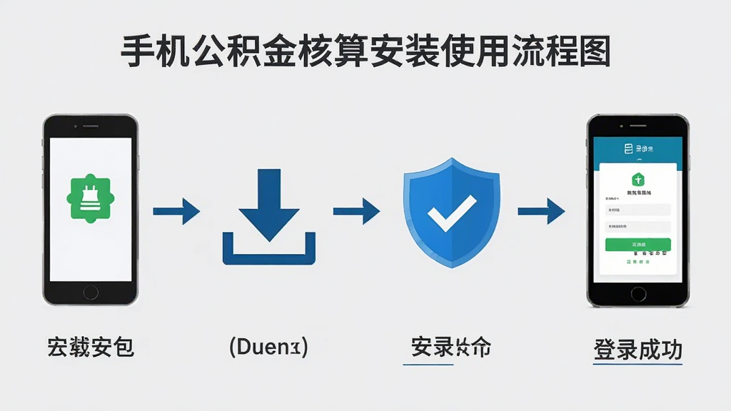手机公积金核算安装使用流程图,画面以流程图形式展示从下载安装包到登录成功的四个步骤,包含手机图标、下载箭头、盾牌安全标识和登录界面缩略图,背景为浅灰色,风格信息图表式,排版横向排列,画质清晰,干净无多余元素