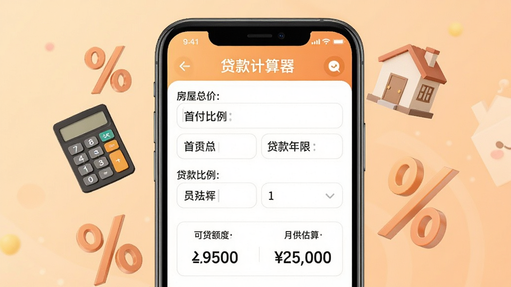 手机公积金核算贷款试算功能展示,手机屏幕显示贷款计算器界面,包含房屋总价、首付比例、贷款年限等输入框,下方展示可贷额度和月供估算结果,画面中漂浮着计算器、房屋和百分比符号等元素,背景为淡橙色渐变,风格温暖亲和,排版整洁,画质清晰,干净无多余元素