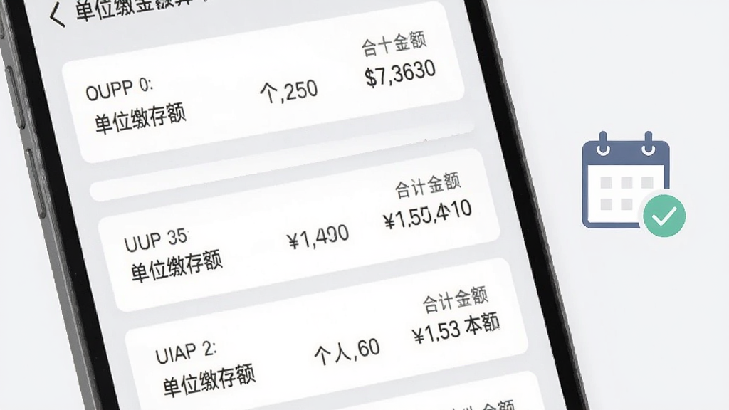 手机公积金核算缴存明细页面展示,手机屏幕显示按月排列的缴存记录列表,每条记录包含月份、单位缴存额、个人缴存额和合计金额,列表采用卡片式设计,背景为浅灰色,画面右侧配有一个日历图标和勾选标记,风格简约现代,排版清晰,画质干净,无多余元素