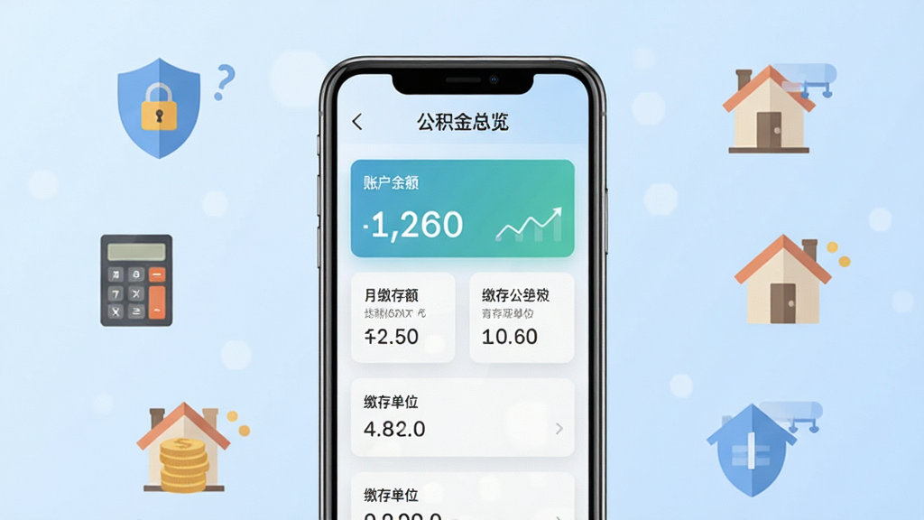 手机公积金核算软件主界面展示,画面中央是一部智能手机,屏幕显示公积金账户总览页面,包含账户余额、月缴存额、缴存单位等卡片信息,背景为浅蓝色渐变,周围点缀着盾牌、计算器、房屋等扁平化图标元素,整体风格清新简洁,排版整齐,画质清晰,干净无多余元素