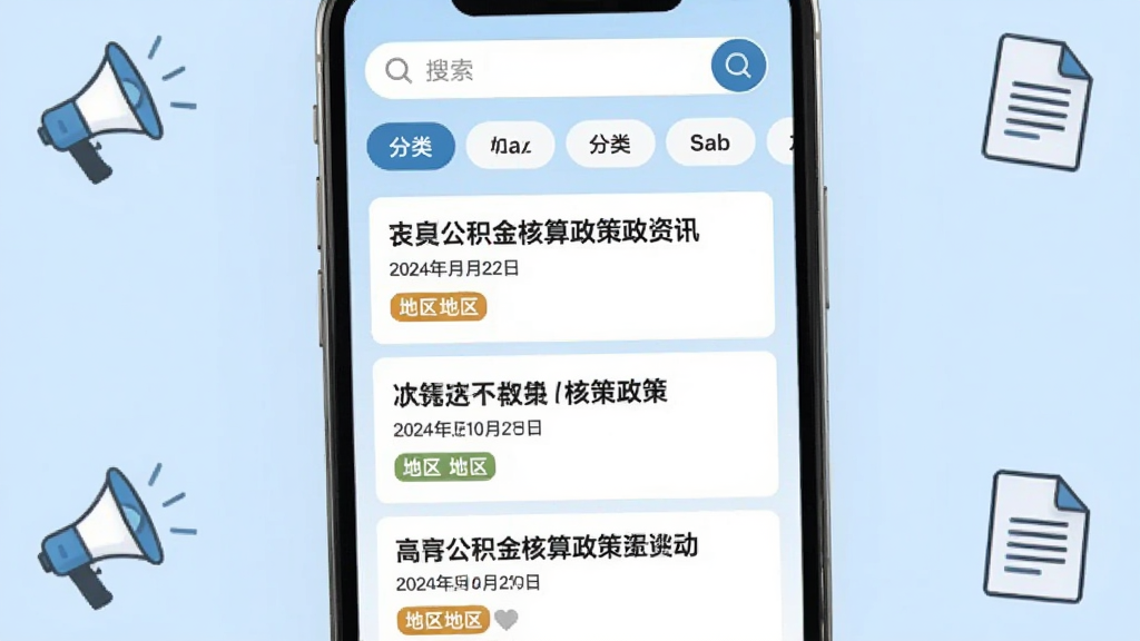 手机公积金核算政策资讯页面展示,手机屏幕显示新闻列表界面,每条资讯带有标题、发布日期和地区标签,顶部有搜索栏和分类筛选按钮,背景为浅蓝色,画面角落点缀着喇叭和文档图标,风格资讯类应用常见布局,排版规整,画质清晰,干净无多余元素